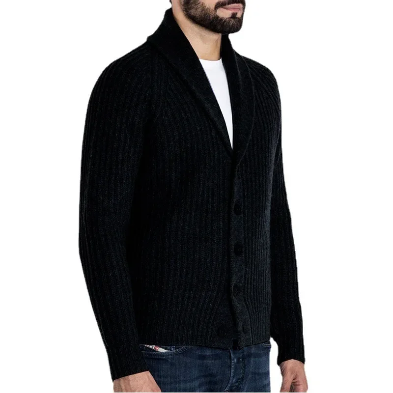 Autumn and Winter Single-breasted Lapel Solid Color Knitted Sweater Long-sleeved Button Men's Sweater Jacket