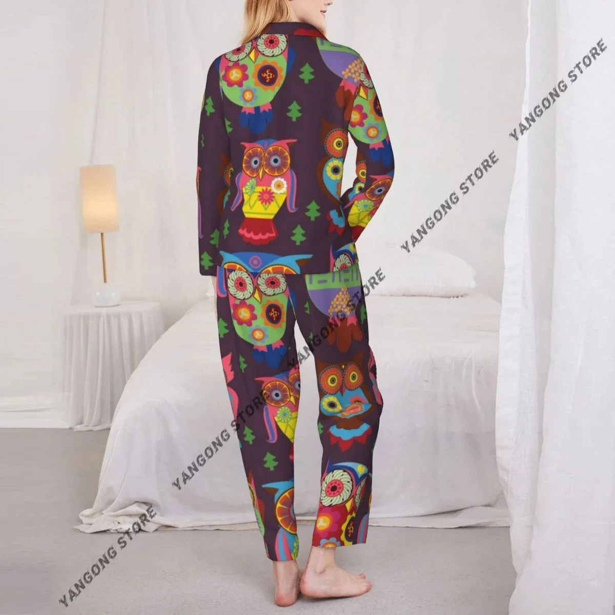 الربيع والخريف طويلة الأكمام السراويل منامة المتسكعون مجموعة الملونة البومة المرأة سحب حافة فضفاضة النوم البدلة