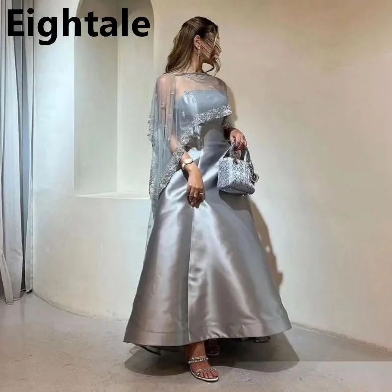 

Eightale Customized Satin Evening Dress A Line Gray Prom Dress With Cape Women Formal Party Gown Dubai 2025