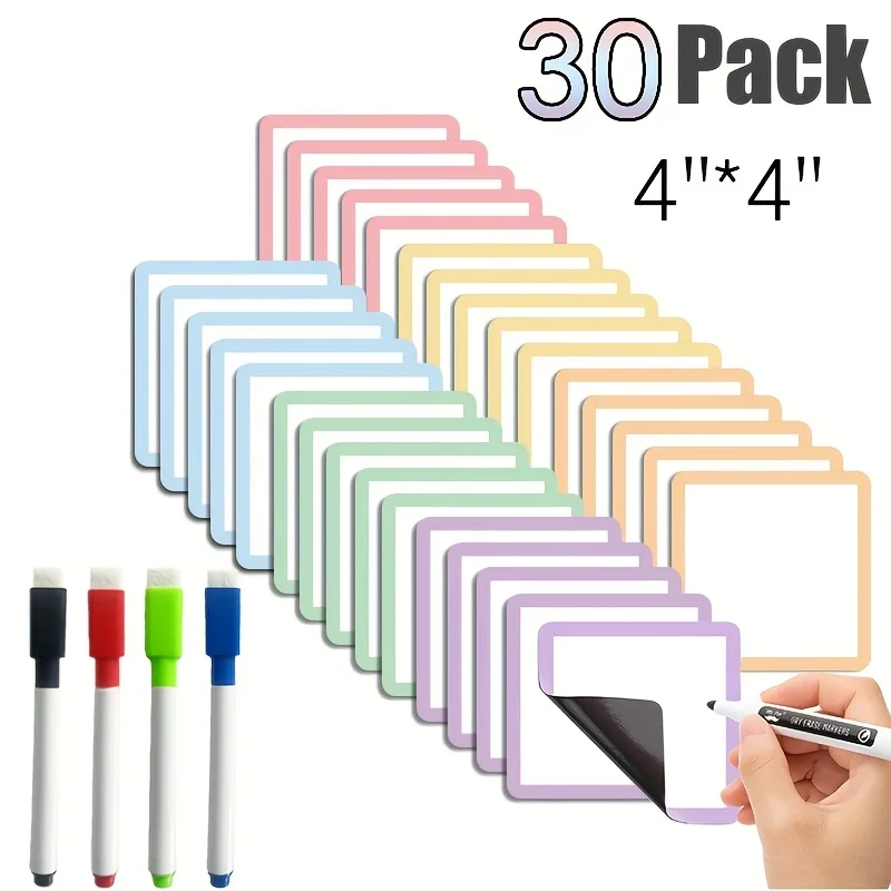 30 Piece Reusable Magnetic Sticky Note Set -4x4 Inch Dry Erase Label with 4 Magnetic Pens