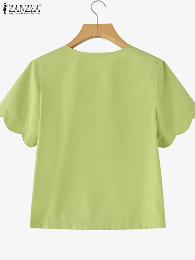 ZANZEA Zomer Vrouwen Elegante Blouse 2025, Mode Korte Bladerdeeg Mouwen Tuniek Tops Casual Losse Effen Kleur OL Blusas Femininas