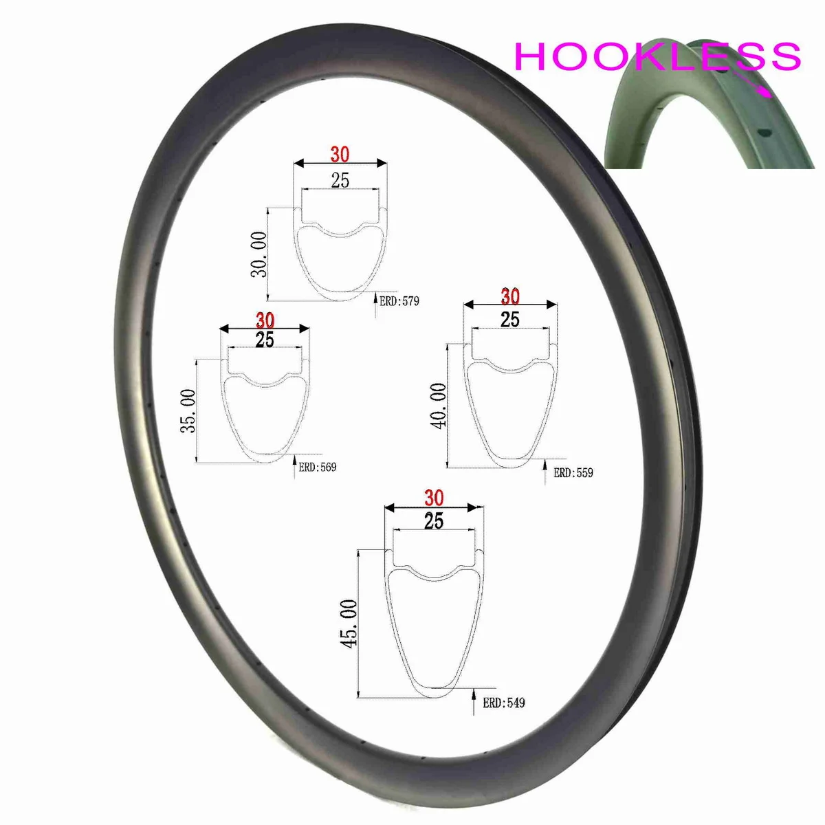 Paintingless Light Gravel Carbon Rims T800 Hookless 24mm Internal Width 30mm 35mm 40mm 45mm Depth Racing Bicycle