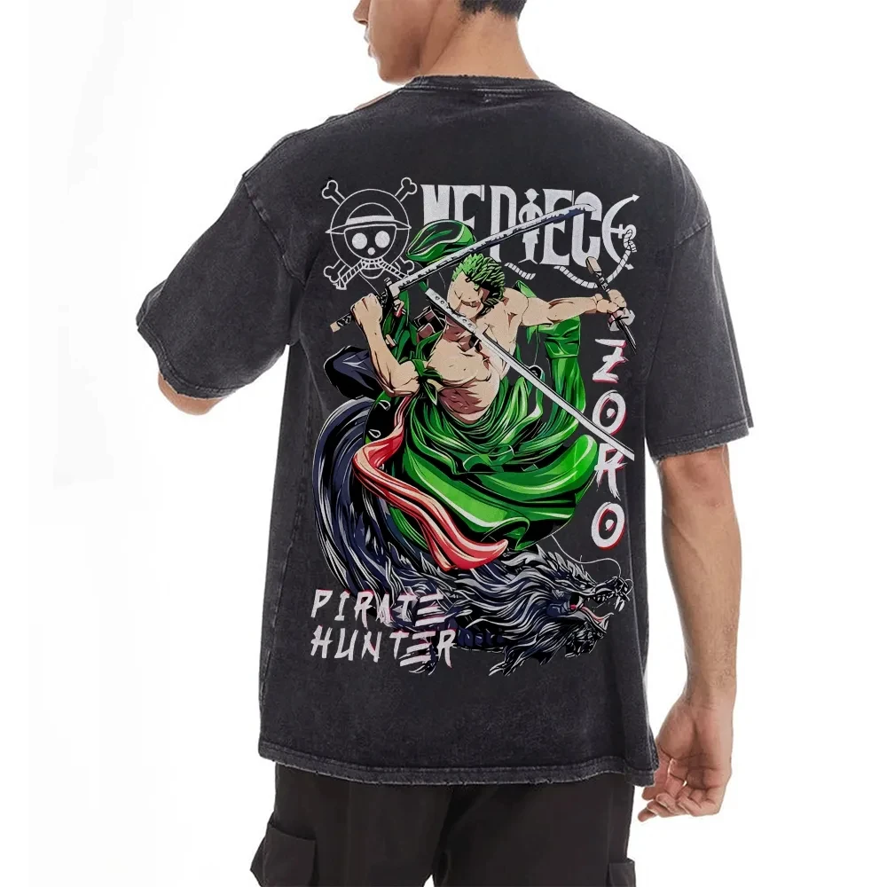

Washed T-shirt Anime ONE PIECE Zoro Men's Harajuku Summer Cotton Fitness Vintage Street Oversized Women's Casual Short Sleeves