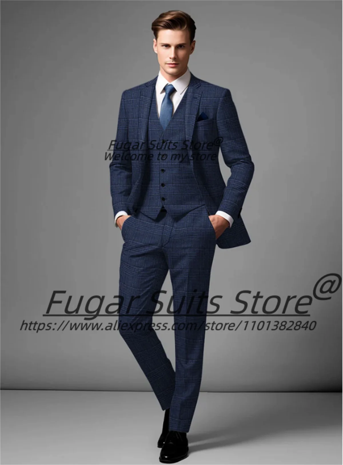 Handsome Navy Blue Plaid Men Suits Slim Fit Peak Lapel Groom Prom Party Tuxedos 3 Pieces Sets Business Male Blazers Ropa Hombre