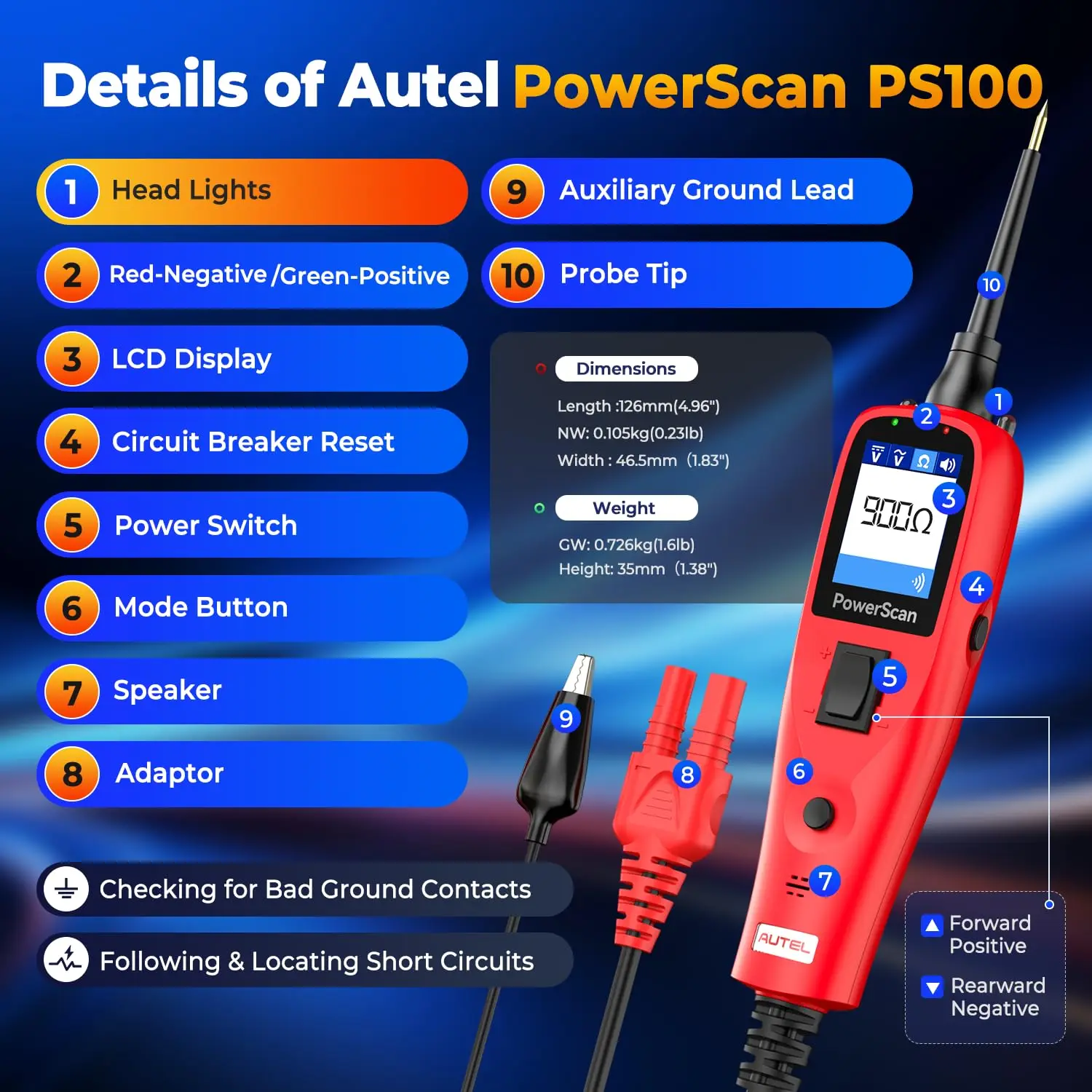 Autel PowerScanPS100 Automotive Circuit Tester 12-24V Power Circuit Probe Tool Electrical Short Open Circuit Finder Test Tool