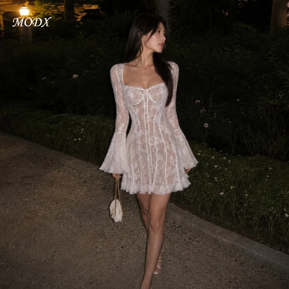 MODX Romantic Ivory Lace Mini Dress Long Sleeves Square Neck Flared Hem Sheer Corset Style Party Gown Women Vestido De Festa