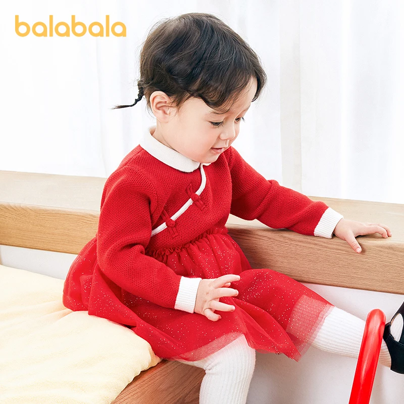 Balabala Infant Girl Dress One-Year-Old Dress New Year's Greeting Retro Sweet Fashionable Dress