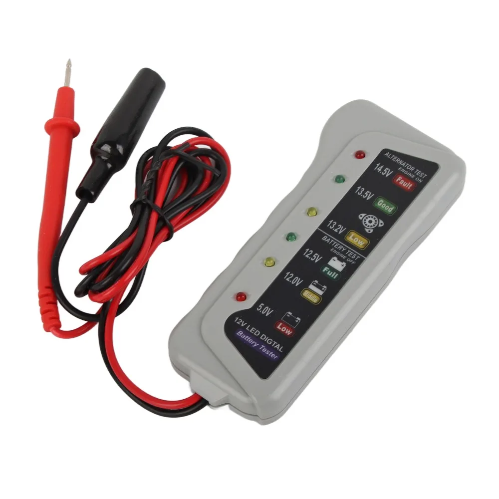 Grey 12V Battery Tester Plastic 6 LED Indicators Alternator Tester 2-14.8V Range Battery Condition Tester Car Battery Test