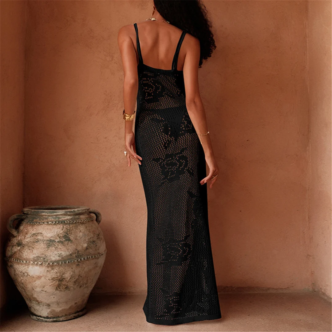 Ausgehöhlte, ärmellose, gehäkelte Tunika, Strand-Überwurf, langes Strandkleid, Strandmode, Damen V6843 – Detail 11