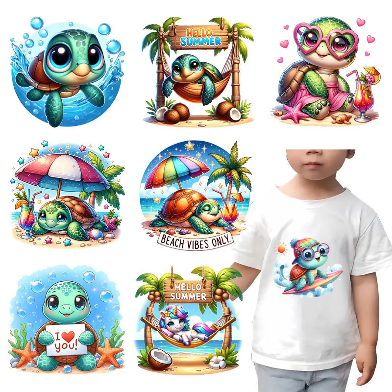 Turtle vacation surfing animals Transfers For Clothing Stickers Cartoon Animal Thermal Heat Transfer For Kids Clothes Print