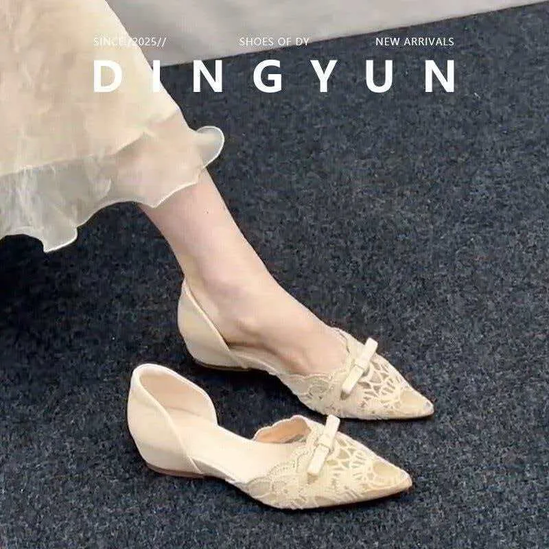 French-style Gentle Bow High-heeled Hollow Single Shoes 2026 Summer New Pointed Shallow Lace Mesh Women's Shoes