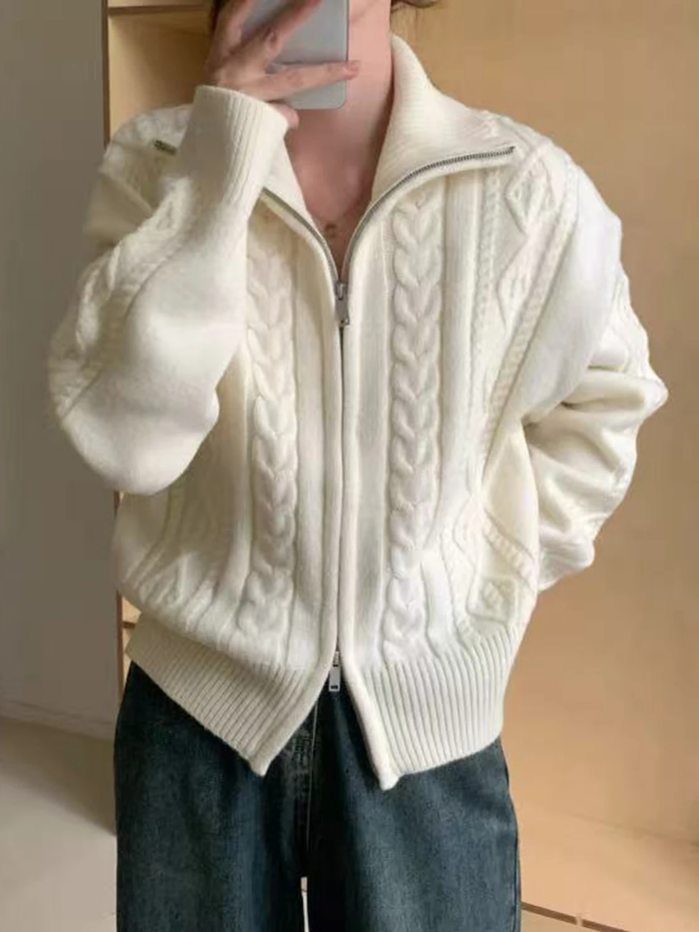 

Ladies 100%Merino Wool Solid Color O-Neck Thick Cardigan Double Zipper Autumn Winter Warm Comfortable Top Knit Cable Clothing