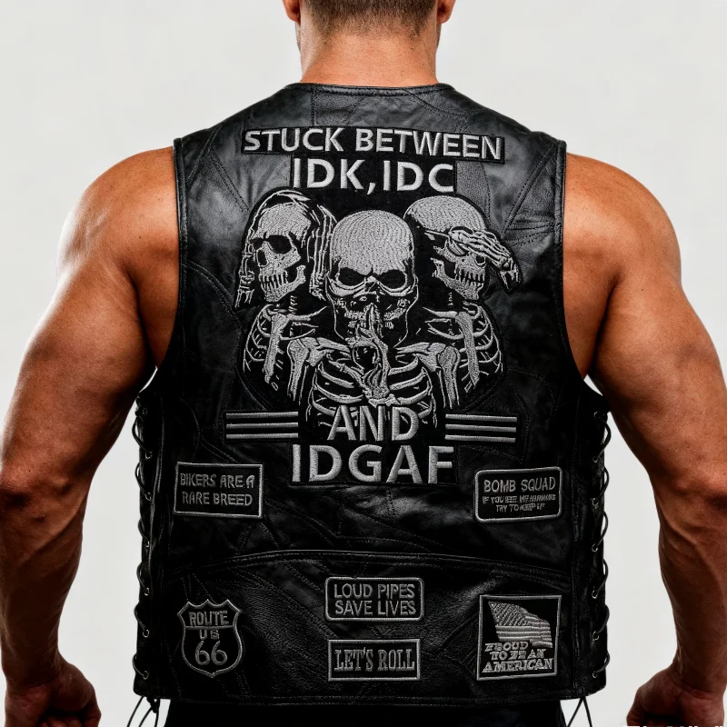 Vintage Motorcycle Biker Leather Vest Skull Skeleton Embroidered Back Patch Adjustable Side Lace‑Up Sleeveless Riding Gilet view 5