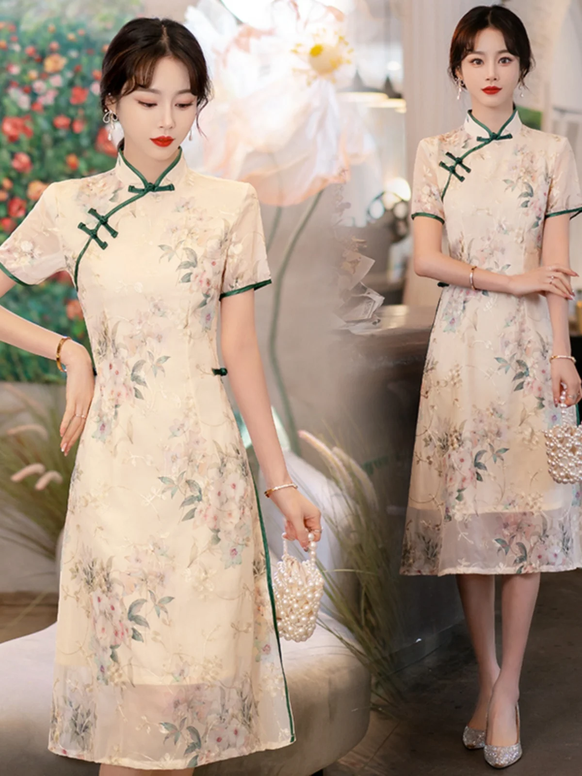 

Retro Embroidered Waist-Cinching Short-Sleeve Qipao Dress Summer 2026 plus Size Women's Fashionable A-Line Midi Dress
