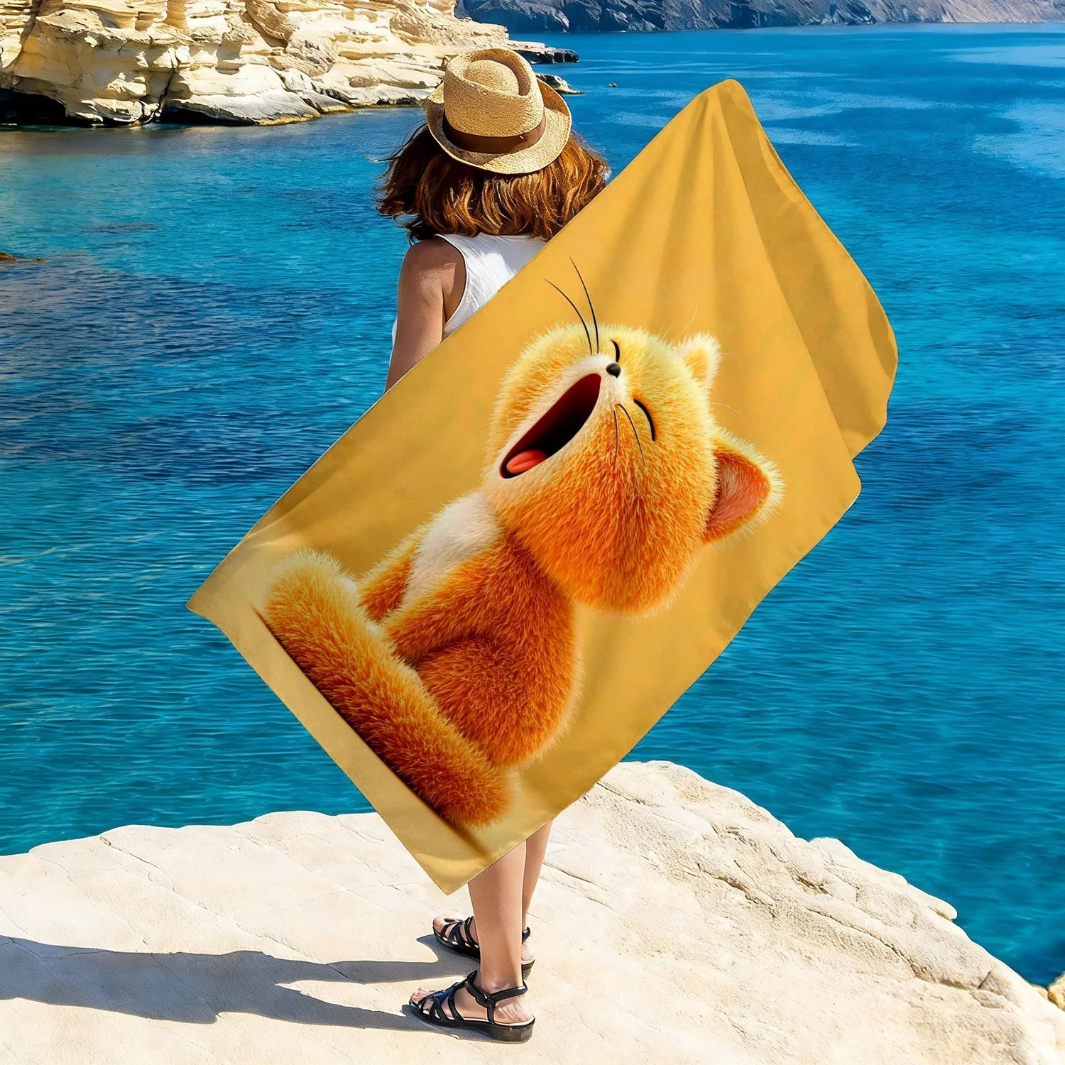 Vibrant Yellow Fluffy Cat Towel, Cute Yawning Orange Kitten Print Bath Towel, Playful Cat Lover Summer Essential 1pcs