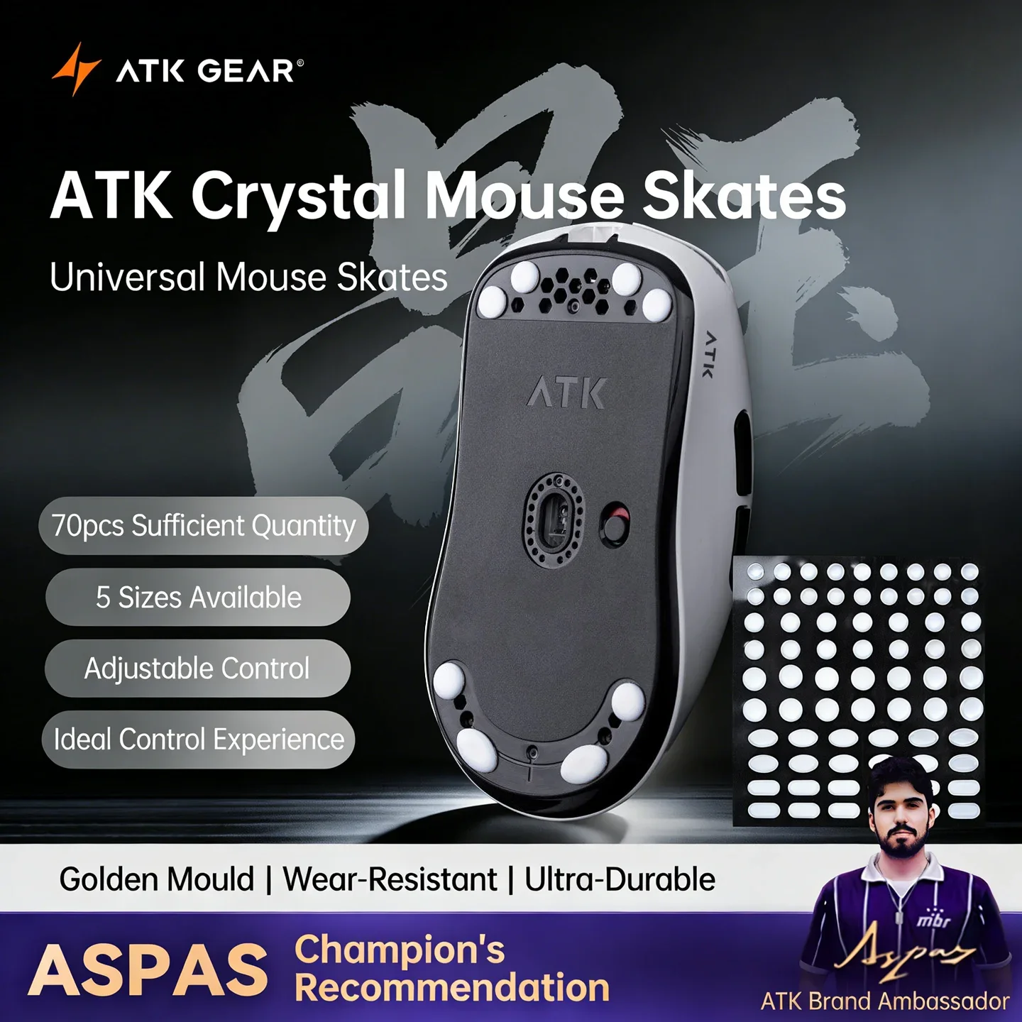 Patines de Ratón ATK Crystal Jade, 100% PTFE Teflón, 70 Piezas, 5 Tamaños, Almohadillas Universales para Ratón de Juego, Resistentes al Desgaste, Suaves para Esports