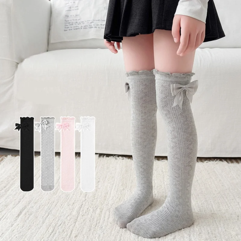 Lange Röhrensocken für Mädchen, Frühling/Sommer, dünne, gewellte Kniestrümpfe aus Baumwolle mit Schleife, süße Prinzessinnenstrümpfe