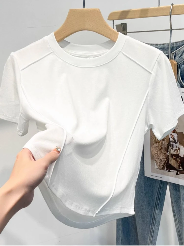 2026 Summer White T-shirt Cotton Female Short-sleeved Student Versatile Slim T-shirt Harajuku Crop Top Trend image 3