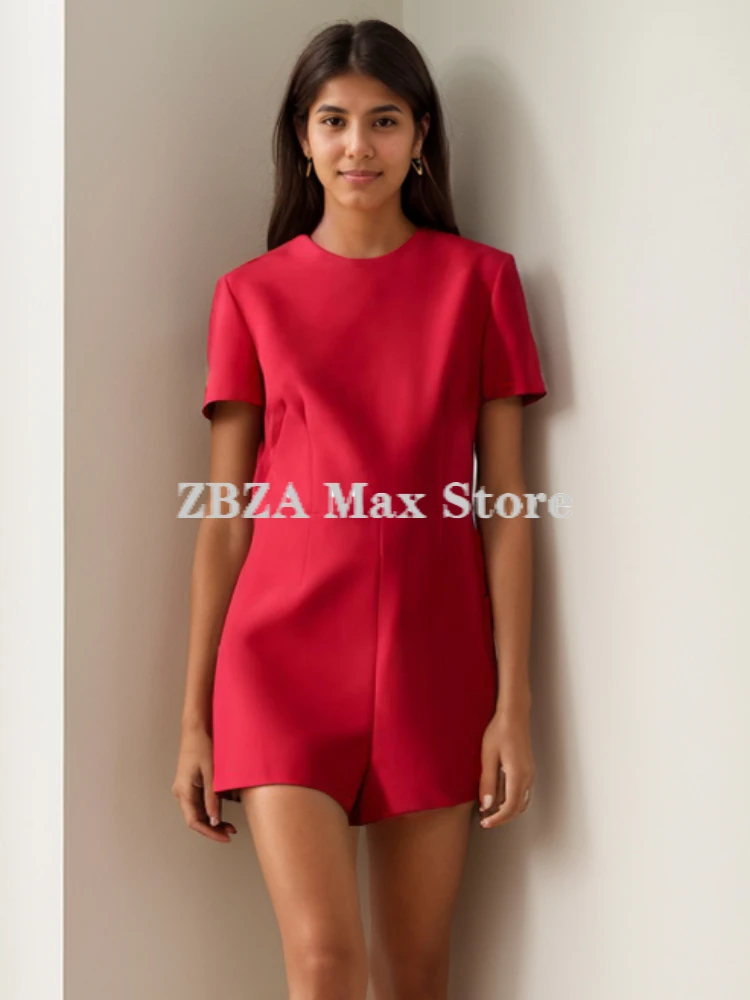 ZBZA Women\'s Bow Trim Short Jumpsuit Round Neck Hollow Out Solid Hidden Zip Mid Waist Backless Rompers New Female Chic Jumpsuit