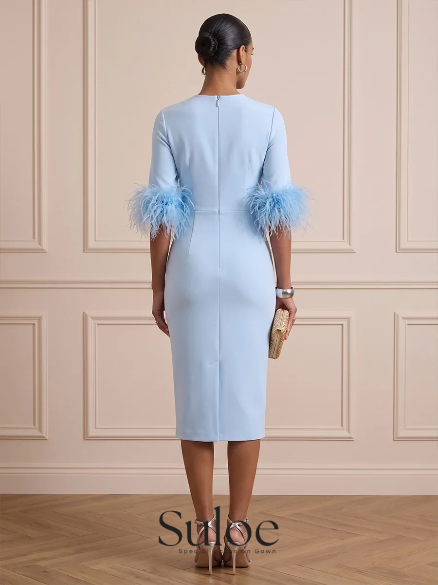 Suloe Elegant Evening Gown Round Neck Half Sleeve Feather Cuff Formal Dinner Dress For Wedding Guest Cocktail Party Customized