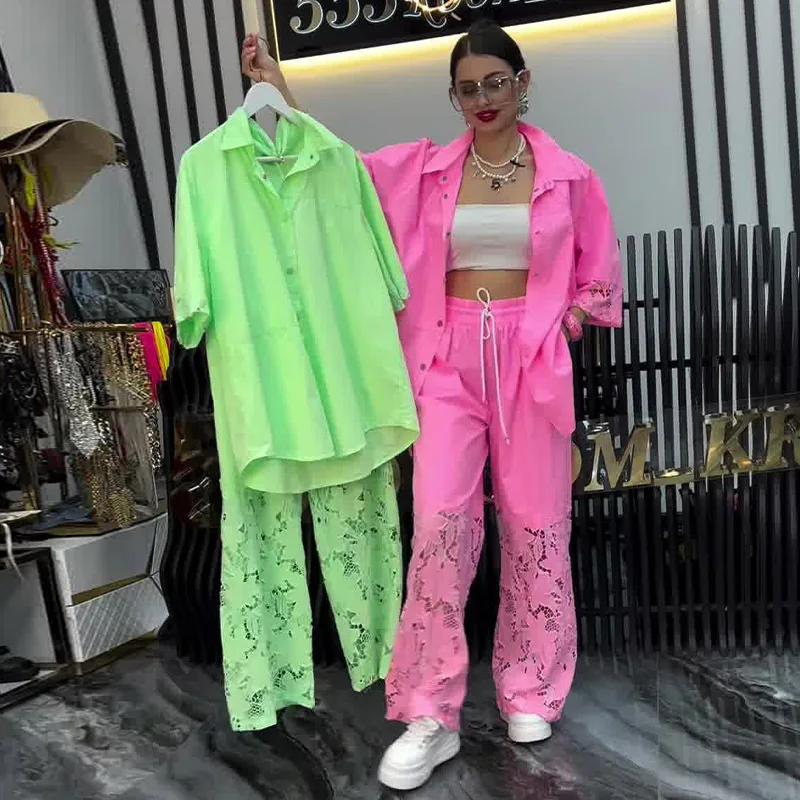 Mode Langarm-shirt Gespleißt Spitze Zwei-stück frauen Hosen Anzug Frühling Sommer Elegante Casual Solide Frau 2-stück Set Outfit