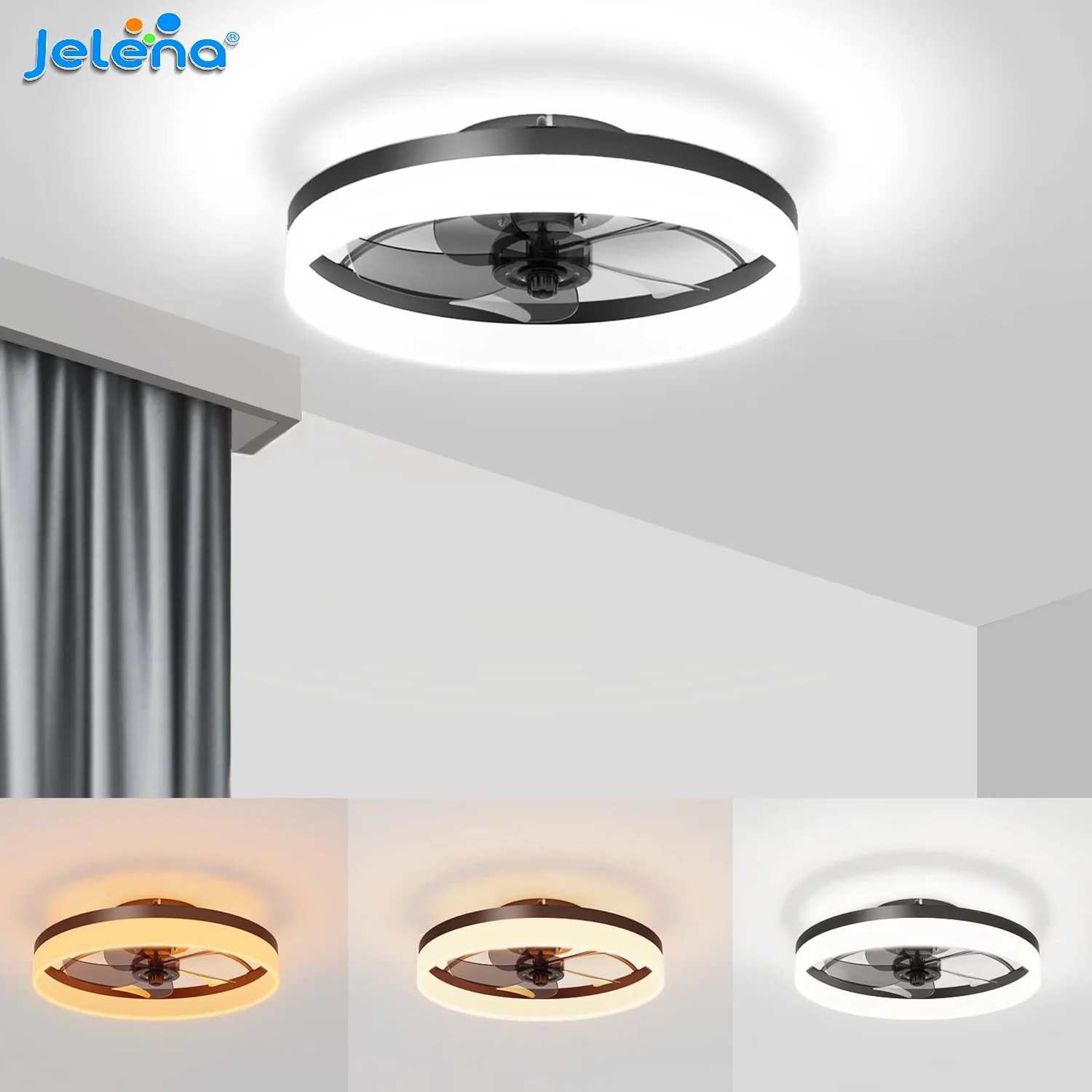 Ventilateur de plafond LED Jelena pour chambre, salon, cuisine, décoration intérieure, ventilateurs de plafond ronds avec lumière, télécommande et application, ventilateur électrique intelligent