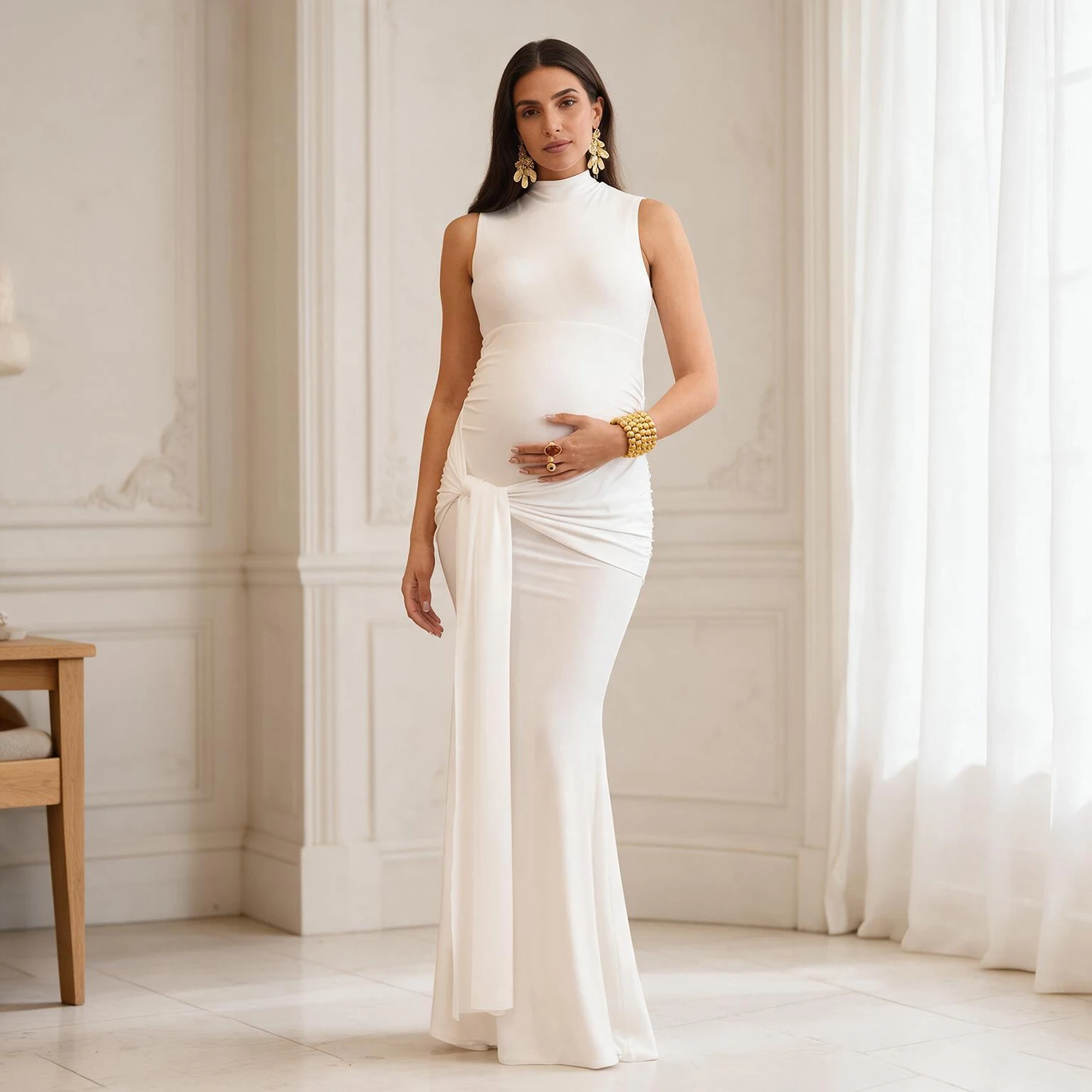 High Neck Fitted Maternity Dress for Baby Shower with Draped Tie Waist Pregnancy Photoshoot Dress
