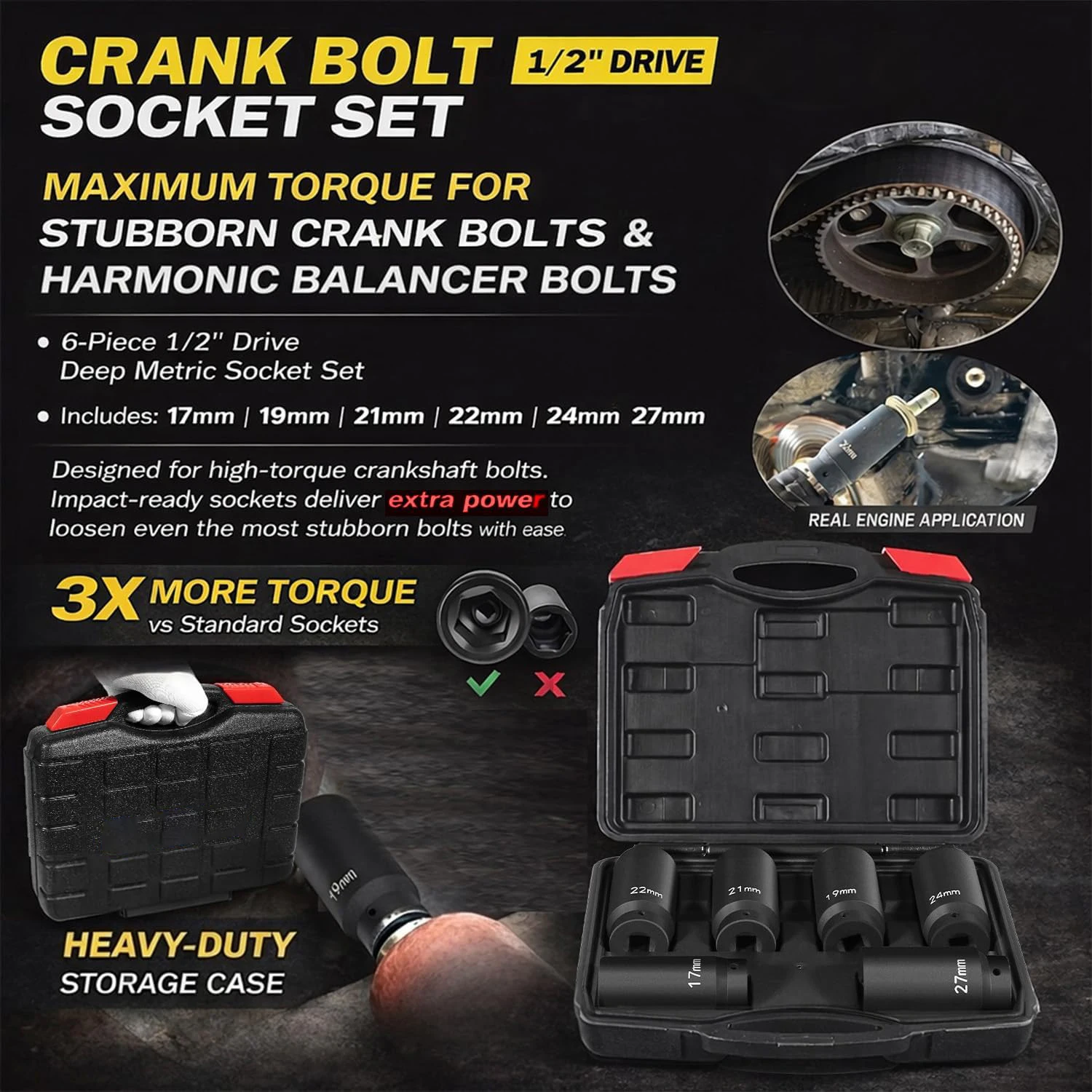 1/2’’ Drive Weighted Crank Bolt Socket Set, 17MM, 19MM, 21MM, 22MM, 24MM, 27MM, Harmonic Balancer Socket Set