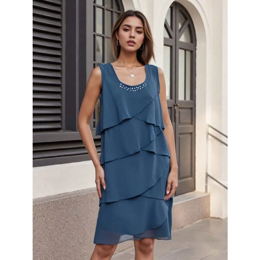

【New style】Women's Summer Mini Dress Stylish Rhinestone Multi-Layered Ruffles Design Sleeveless Short Dresses