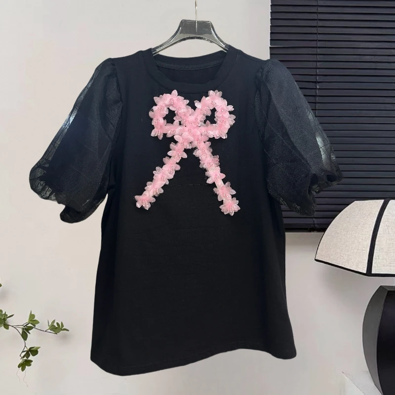 

2025,New,Summer,European,Clothes,T-Shirt,Chic,Sexy,O-Neck,Three-dimensional,Bowknot,Pink,Beads,Women,Tops,Short Sleeve,Tees,5502