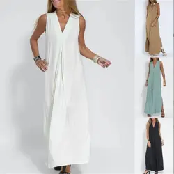 Women Fashion V-neck Dress Long Coat Sleeveless Split Solid Dress Spring Summer Elegant Loose Coat Casual Vacation Cardigan Thin