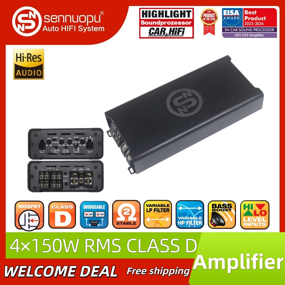 Sennuopu ATI-150.4D Compact 4 Channel Class D Car Audio Amplifier High Efficiency Full Range Vehicle Power Amp For Car Speaker