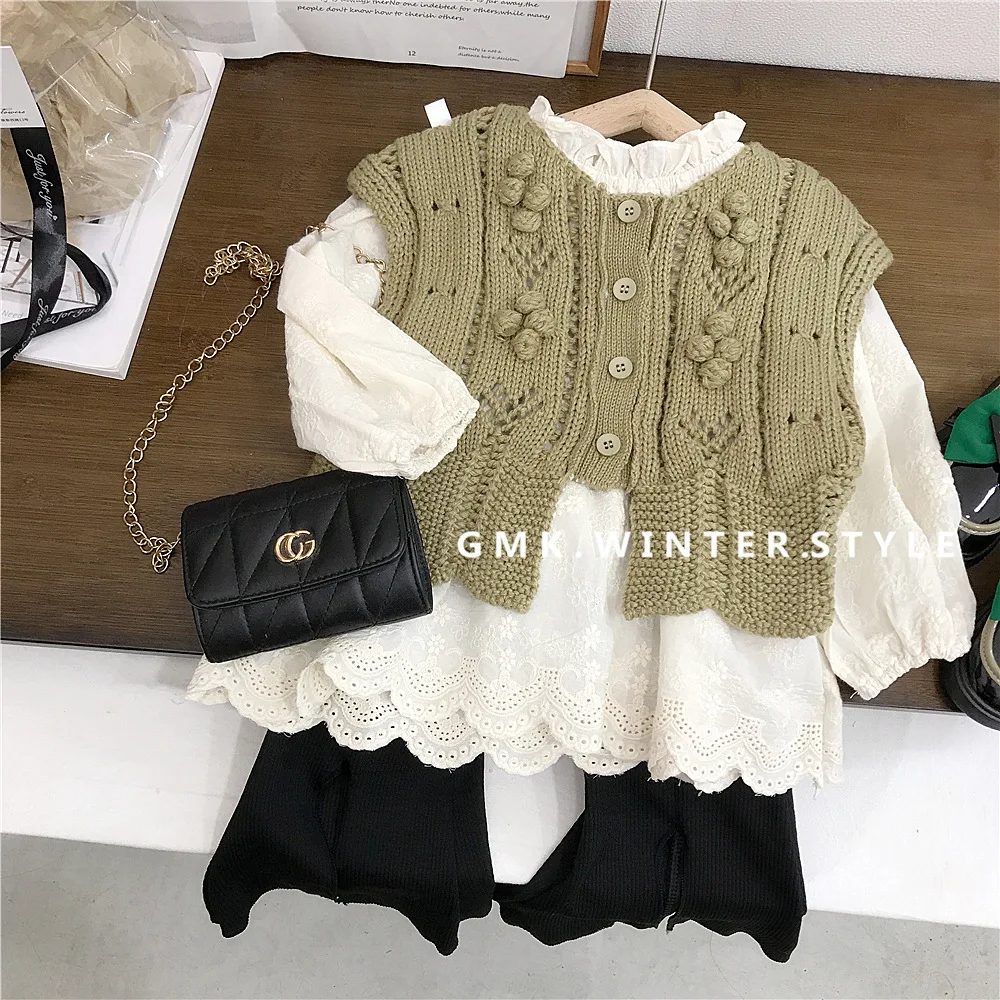 Girls Set 2024 Autumn Vest New Children\'s Lace Doll Sweater Pants Three Piece Set Toddler Girl Winter Clothes