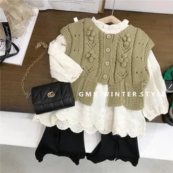 Girls Set 2024 Autumn Vest New Children's Lace Doll Sweater Pants Three Piece Set Toddler Girl Winter Clothes