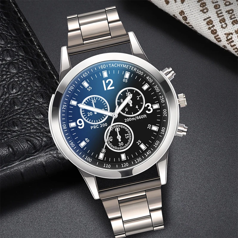 2pcs/set Fashion Men\'s Watch Silver Steel Band Male Business Quartz Watches Bracelet Set（Without Box）