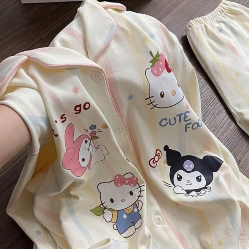 

Комплект пижам Sanrio Hello Kitty Kuromi My Melody, женская домашняя одежда с героями мультфильмов, милая новая весенне-осенняя одежда для сна с длинными рукавами и длинными брюками
