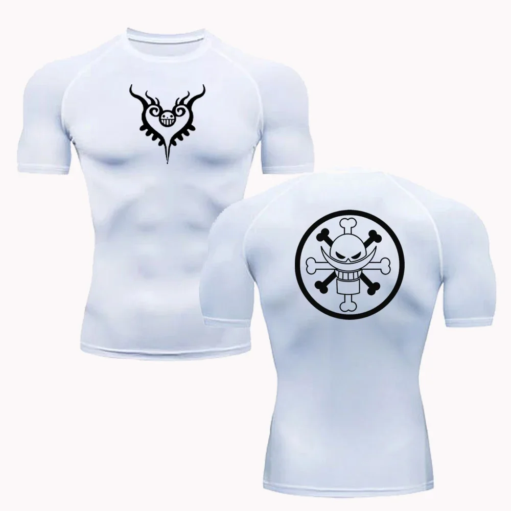 SUMMER NEW One Piece Ace White Bearded Pirate Flag Printed T-shirt for Men's Anime Fitness Gym Quick Drying Sports Top