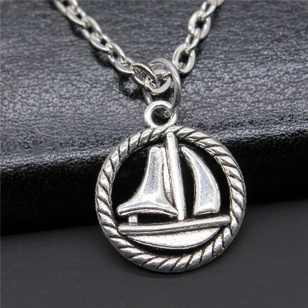 Dropshipping Antique Silver Color 18x16mm Sailing Boat Round Boat Pendant Necklace For Women