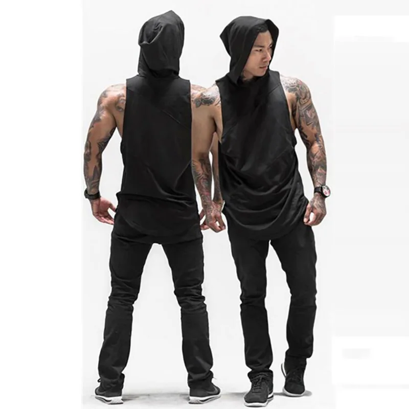 Plain Mens Cotton Mesh Splicing Hoodie Gym Bodybuilding Fitness Sport Hooded Vests Summer Sleeveless Workout Muscle Tank Tops