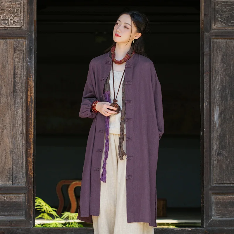 

Осенняя новинка: Женское длинное пальто из хлопка и льна в китайском стиле, винтажное, с пуговицами из сандалового дерева, ветровка в национальном стиле