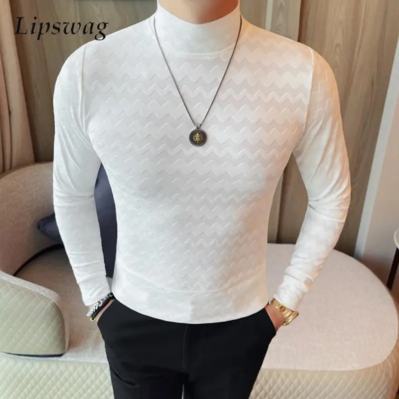 

Trendy Mens Stretch Slim Fit Knit Jumpers 2026 Spring Autumn Casual Long Sleeve Mock Neck Bottoming Sweater Men Vintage Pullover