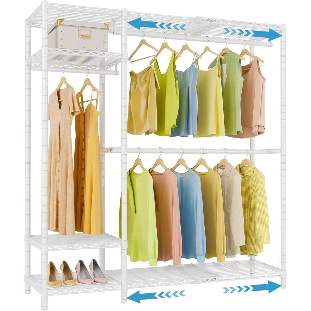 

Раздвижная металлическая вешалка для одежды, регулируемая от 99 см до 147 см, усиленная, с полками и перекладинами для вешалок, отдельно стоящая