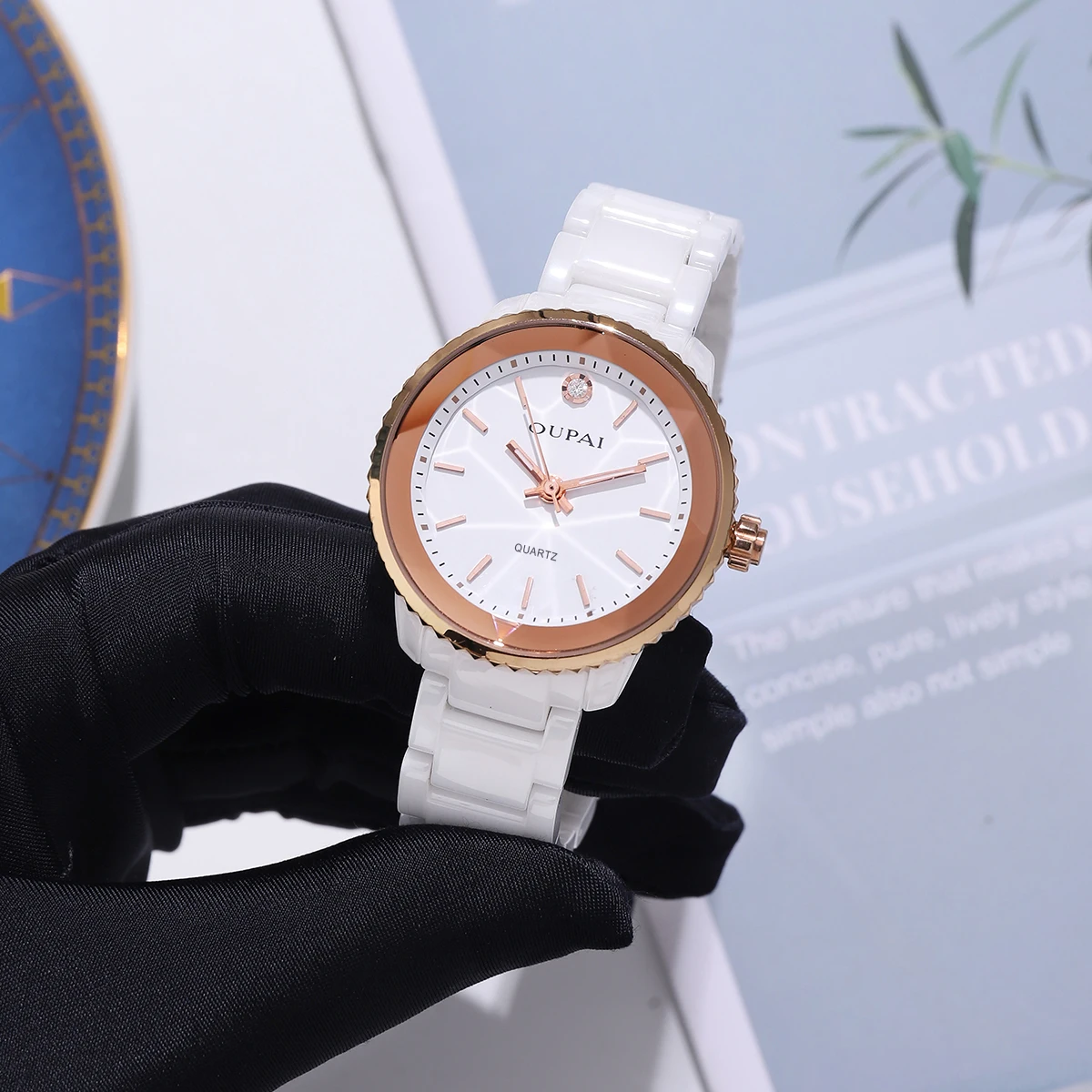 Часы OUPAI с круглым циферблатом, женские керамические японские кварцевые часы, изысканные светящиеся стрелки, водонепроницаемые, модные и элегантные