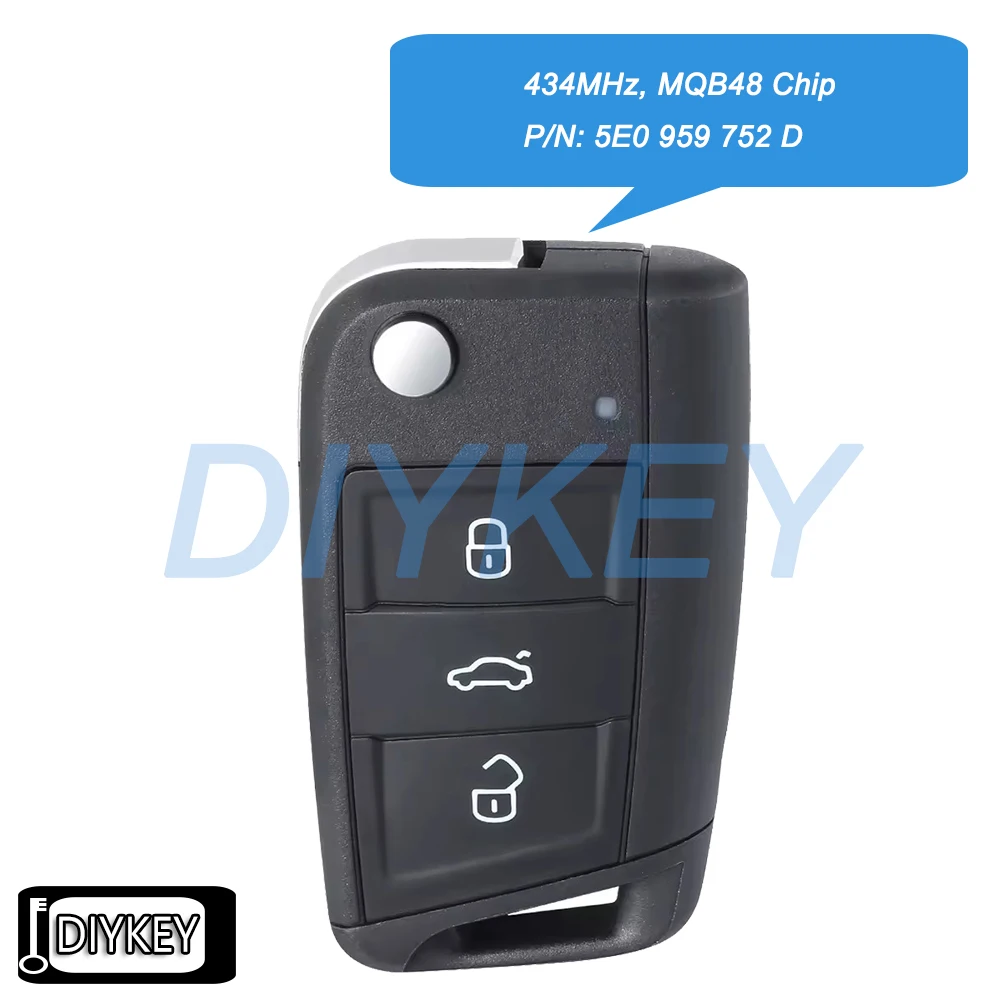 3 Buttons No Keyless Go Remote Car Key Fob 434MHz MQB48 Chip for Skoda Rapid Octavia MK3 2013+ P/N: 5E0959752D, 5E0 959 752 D