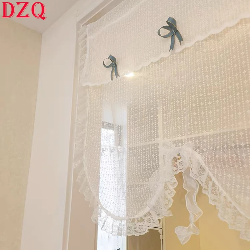 White Wave Bow Tulle Curtains for Living Room Elegant Lace Curtain Valance Warp Ruffled Short Curtains for Kitchen #A427