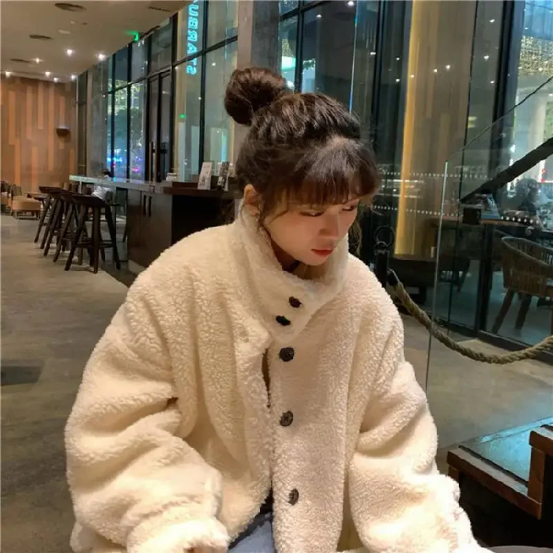 Winter Fleece Fluffy Jacket Women Harajuku Solid Thick Warm Fuzzy Plush Zipper Jackets Button Sweatshirts Y2k Outwear Hoodies