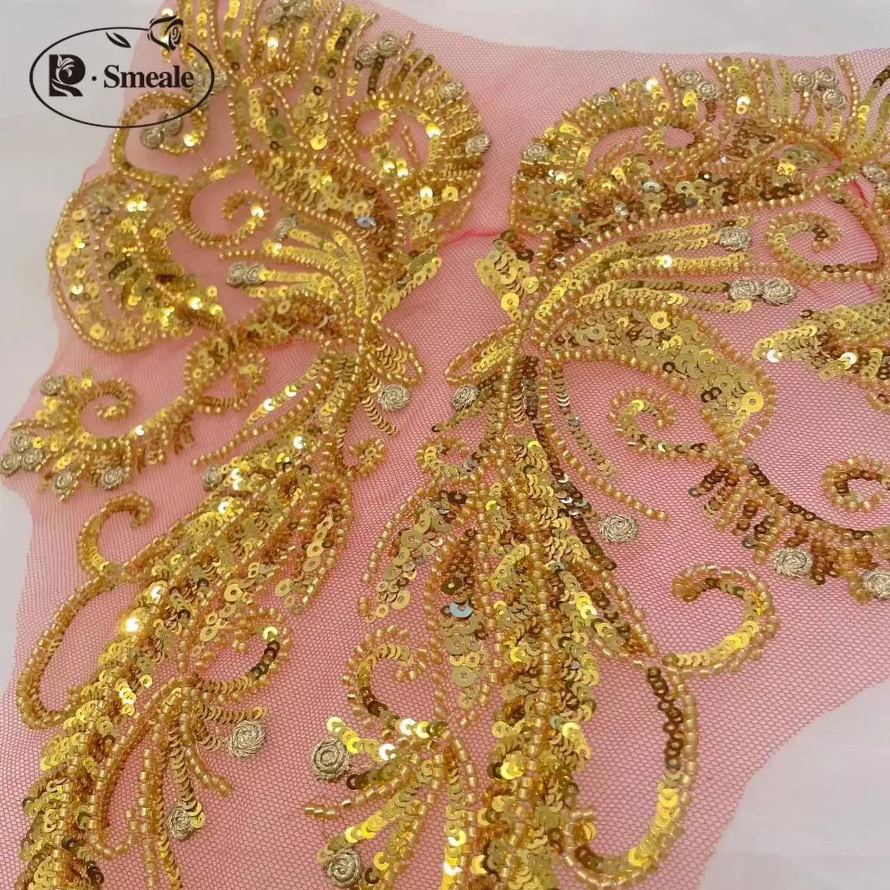 Apliques de encaje con cuentas delanteros y traseros grandes, dorados, con apertura brillante, bordado de tul, vestido de novia DIY, ropa para niños, costura