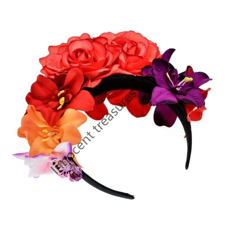 

3XUA Womens Simulated Rose Flower Crown Headband Day of The Dead Halloween He