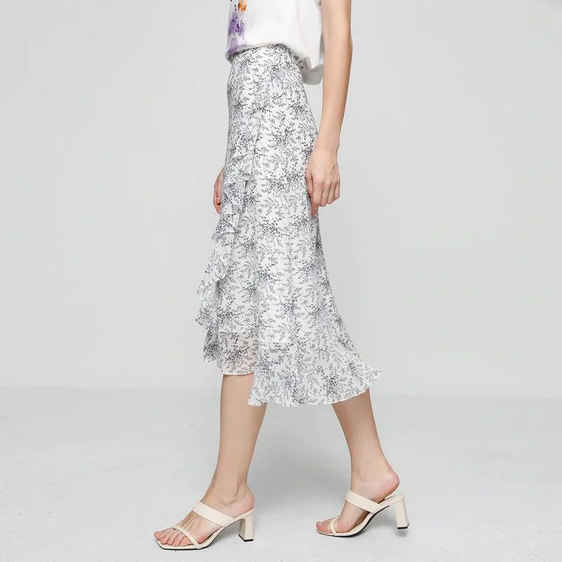 

Белая юбка миди с кружевной отделкой и цветочным принтом из шифона, с завышенной талией, для женщин, летняя коллекция, для повседневной носки