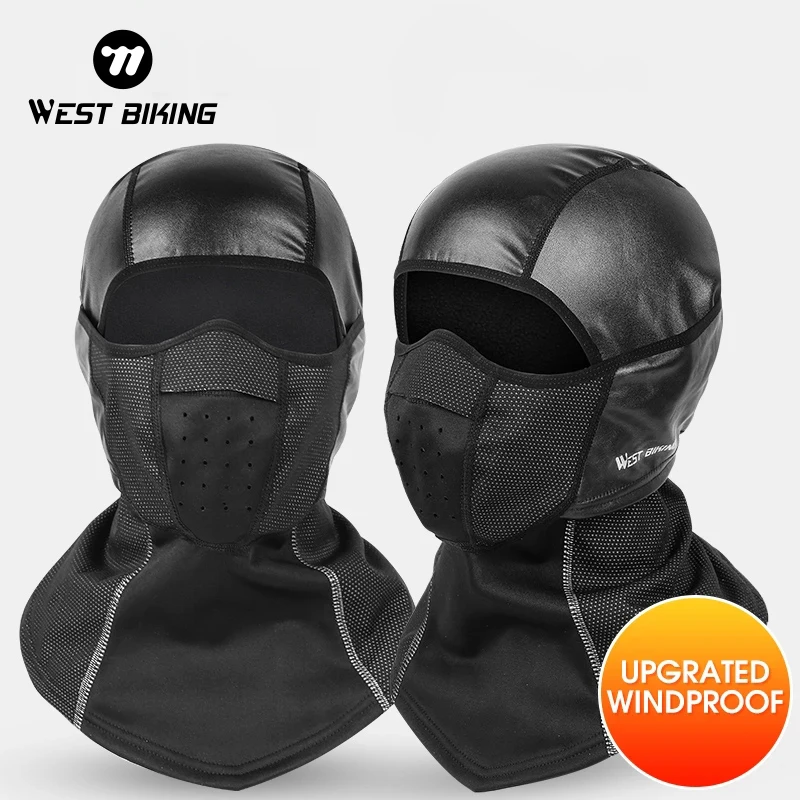 WEST BIKING Cycling Fleece Thermal Windproof Balaclava Warm Winter Waterproof PU Leather Ski Breathable Mask Bicycle Helmet Cap